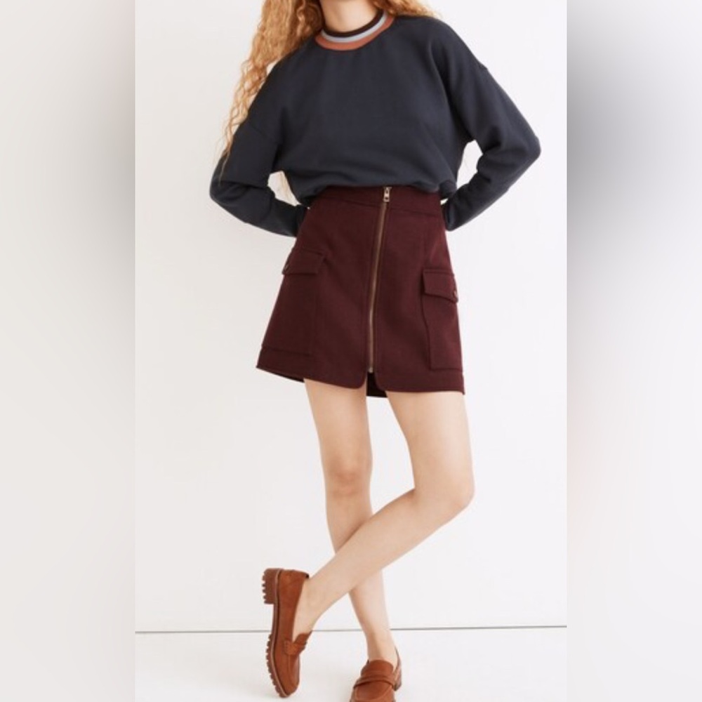 Madewell (Re)Sourced Wool Zip-Front Mini Skirt Women’s 12 Bordeaux Melange Lined
